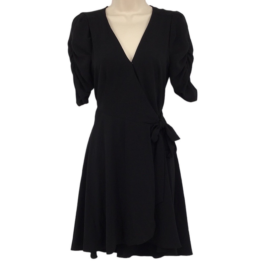 Highline Collective Dress Womens XS Black Wrap Blouson Short Sleeve Ruched‎